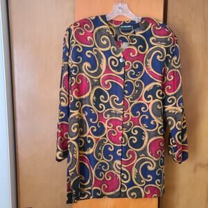 Womens Diane Gilman 100% Silk LS Blouse Medium Padded Shoulders Retro Casual 80s